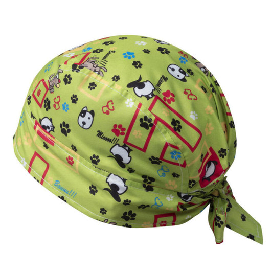 A green bandana featuring a playful pattern of animals and paw prints. It has a tied back design.