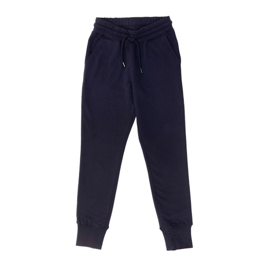 Navy blue kid's sweatpants with an elastic waistband and cuffs, featuring two side pockets.
