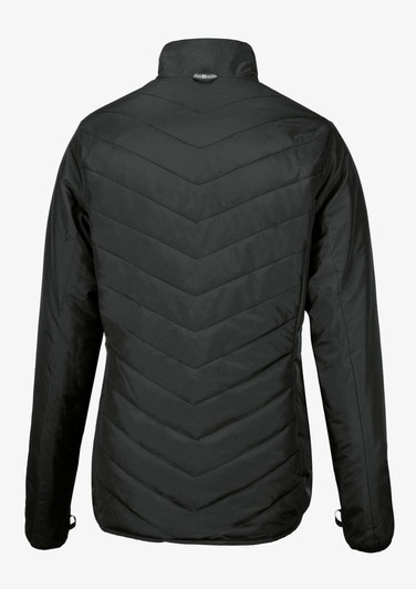 A black women's jacket with a chevron quilted design and a high collar. It features a logo on the back.