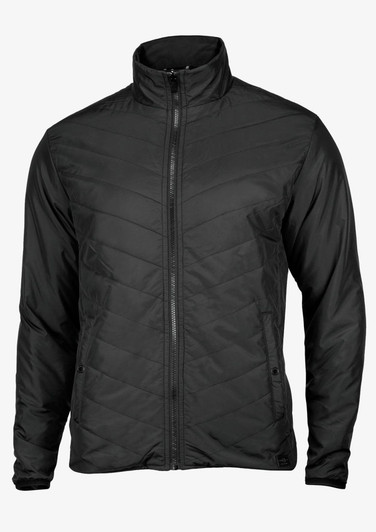 A black men's jacket featuring a zip front and a high collar design. It has a logo on the fabric.