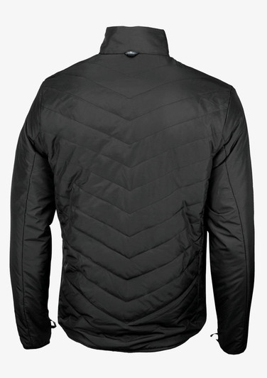 A black men's jacket with a quilted design, featuring a high collar and a logo on the back.