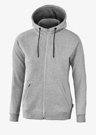 A grey zip-up hoodie with a hood, featuring pockets and drawstrings. It also has a logo.