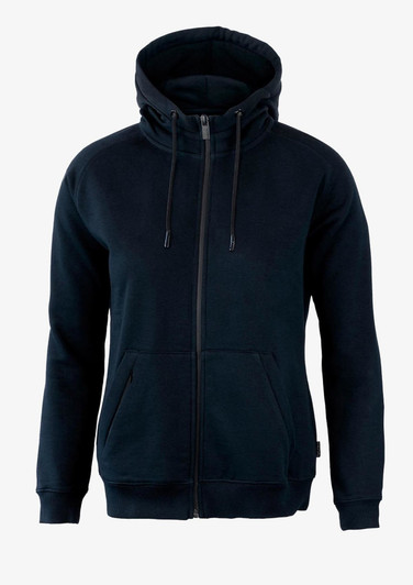 A navy blue women's hoodie with a front zipper, two pockets, and a hood, featuring a logo.