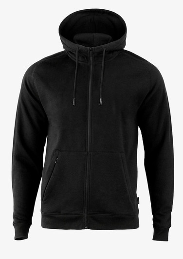 A black hooded jumper with a zip and front pockets, featuring a logo on the side.
