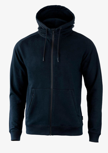 A black men's zip-up hoodie with a hood and front pockets. The jacket features a simple design and has a logo.