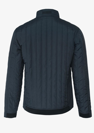 A navy soft shell jacket with a ribbed design and a collar, featuring a branded logo.