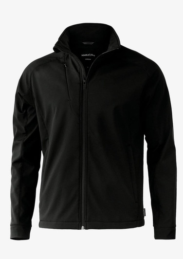 A black soft shell jacket with a zippered front and a hood, featuring a logo on the jacket.