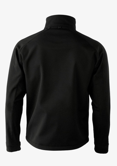 A black soft shell jacket with a high collar, featuring a logo on the back.
