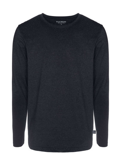A men's long sleeve t-shirt in dark grey, featuring a round neck and long sleeves. It has a logo on the side.