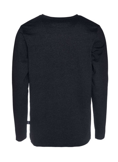 A black men's long sleeve t-shirt with a simple design and a logo on the back.