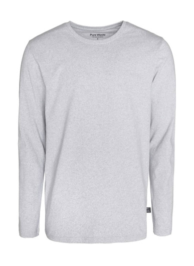 A grey long sleeve t-shirt featuring a round neck and a small logo on the side hem.