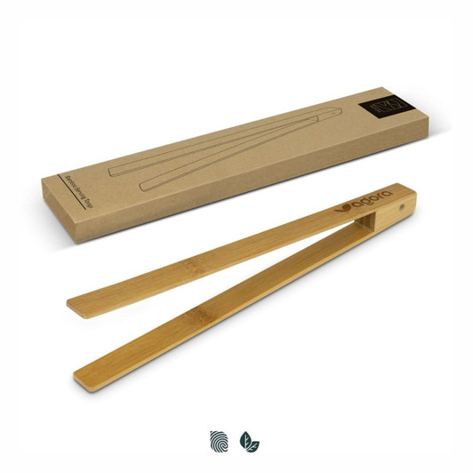 Bamboo serving tongs in a natural finish, presented alongside a cardboard packaging featuring a logo.