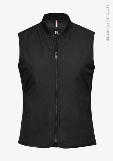 A black puffer vest made of recycled polyester, featuring a zip front and a stand collar. It includes a logo.