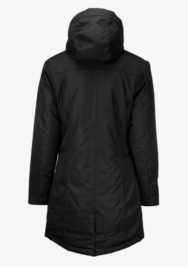 A black puffer jacket featuring a hood and a sleek, streamlined design, with a logo on the back.