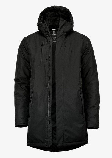A puffer jacket in black with a hood and a zip front. It features a logo on the chest.
