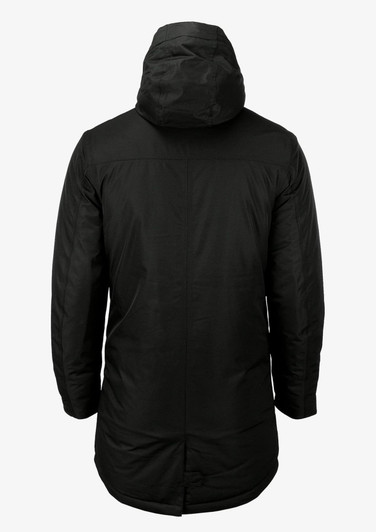 A black puffer jacket with a hood, featuring a simple design and a back view. Includes a logo on the fabric.