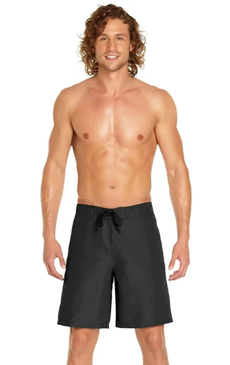 Men's black cargo board shorts with a drawstring waist, featuring a logo on the side. UPF 50+ protection included.