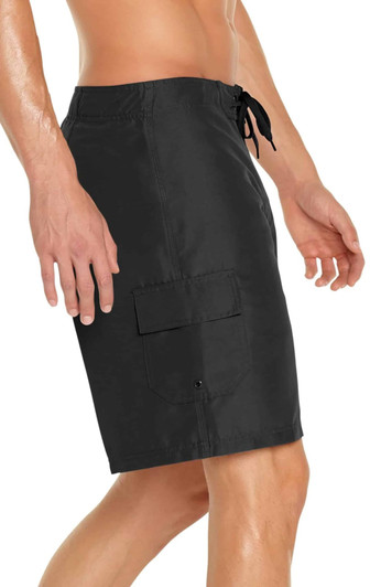 Men's black cargo board shorts with a side pocket and drawstring waistband. Features UPF 50+ sun protection.