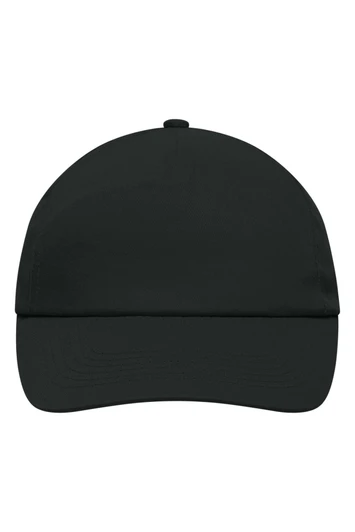A black 5 Panel Promo Cap featuring a curved brim and a logo on the front.