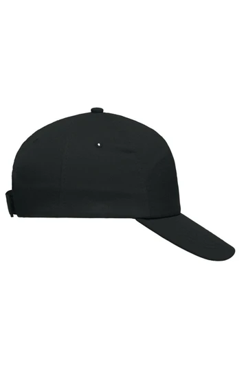 A black 5-panel cap with a curved brim and an adjustable strap at the back. It features a logo on the front.