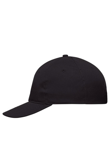 A black six-panel cap with a curved brim and a logo on the front.