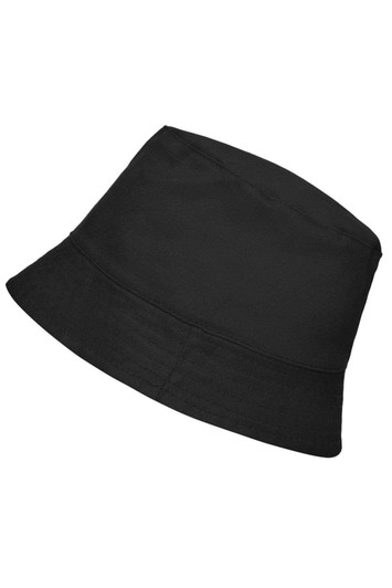 A black bucket hat with a wide brim and a simple design, featuring a logo on the side.