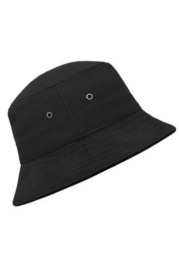 A black bucket hat featuring a wide brim and eyelets on the sides. It has a simple and sleek design.