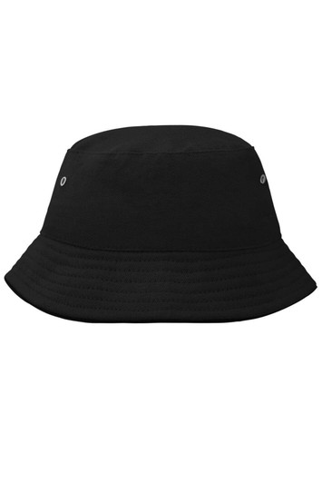 A black bucket hat with a smooth surface and eyelets on the sides, featuring a simple design.