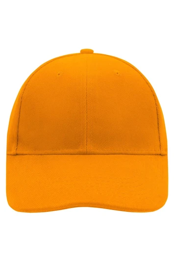 An orange 6 panel cap featuring a structured design and a curved brim. It includes a logo on the front.
