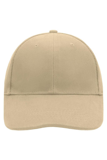 A beige 6 panel cap featuring a solid design and a logo on the front.