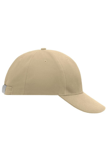 A beige six-panel cap with a curved brim and adjustable strap at the back. Features a logo on the front.