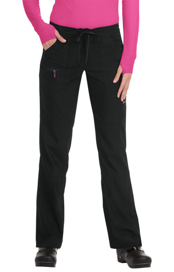 A pair of black pants featuring pockets, a drawstring waist, and a fitted design. There is a logo present.
