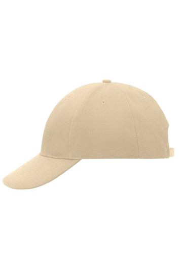 A low-profile, six-panel cap in a light beige colour with a curved brim and a logo on the side.