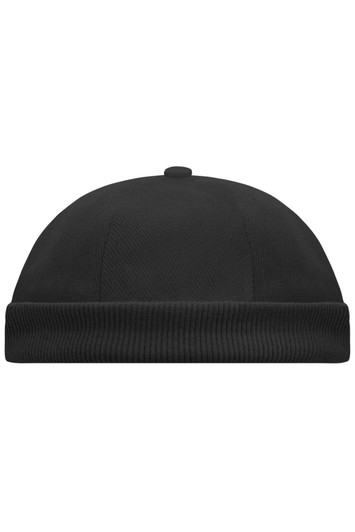 A black 6-panel chef cap with a rounded top and ribbed band, featuring a logo on the front.