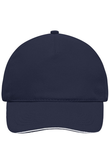 A navy blue 5 panel sandwich cap with a curved brim and a logo on the front.