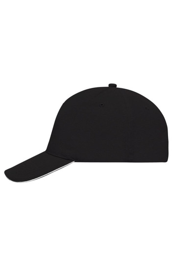 A black 5 panel sandwich cap featuring a curved brim and a logo on the front.