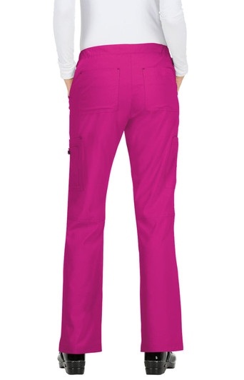 Bright pink pants with a flared design and pockets, shown from the back view. Features a logo on the waistband.