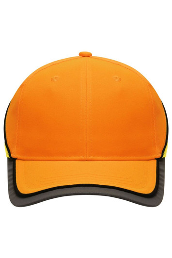 A bright orange cap with a black brim and accents, featuring a logo on the front.