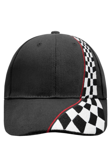 A black racing cap featuring a checkered pattern and a red accent along the side, with a logo present.