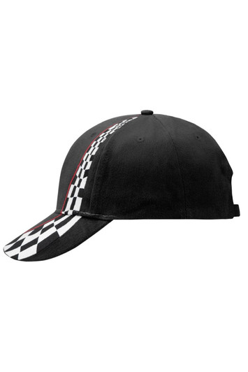 A black racing cap featuring a checkered pattern along the side and a curved visor. It has a logo on the front.