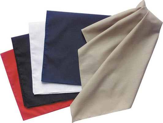 A collection of four bandanas in red, black, white, navy, and beige, arranged in a cascading display.