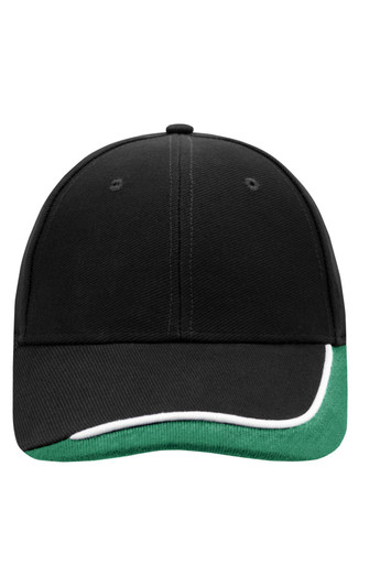 A black cap with a green and white curved brim and a brand logo on the front.