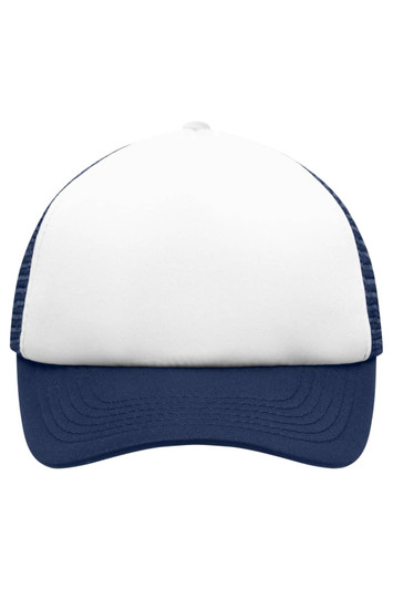 A navy blue and white kids' 5 panel polyester mesh trucker cap with a logo.