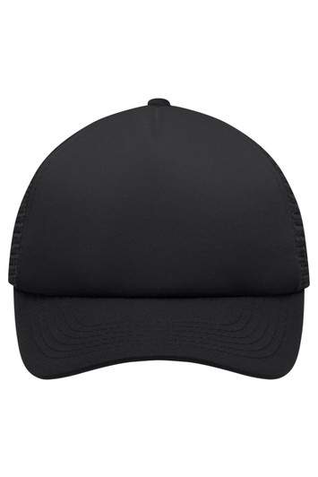 A black 5-panel polyester mesh trucker cap with a curved brim and a logo on the front.