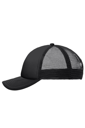 A black kids' polyester mesh trucker cap with a solid front and mesh back, featuring a curved visor and a logo.