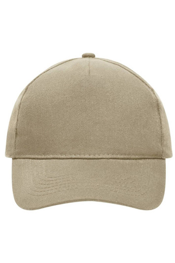 A heavy cotton 5-panel cap in a neutral beige colour, featuring a logo on the front.