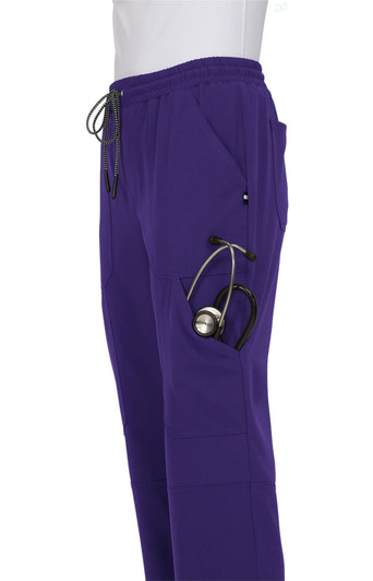 A pair of purple jogger pants with pockets, featuring a stethoscope visible in one pocket. It has a logo on the side.