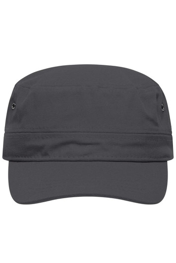 A military cap in dark grey with a flat brim and side ventilation holes. It features a logo on the front.