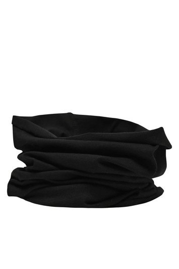 A black cotton bandanna with a soft, gathered design, suitable for headwear. It features a logo.