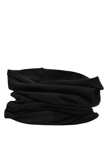A black bandanna made of cotton with a soft, stretchy texture, featuring a logo.